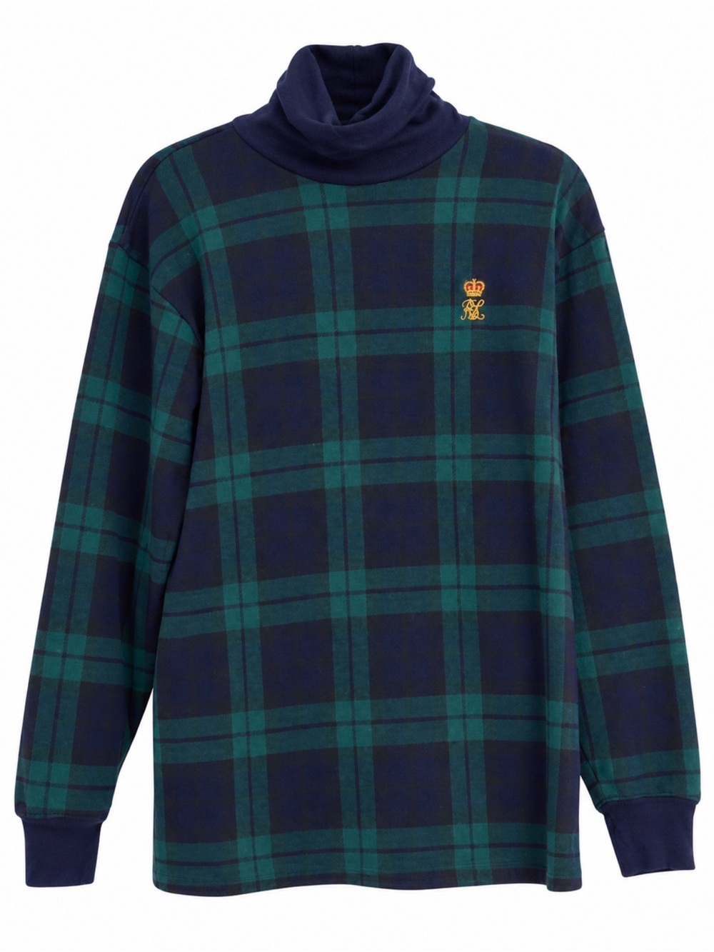 Vintage Ralph Lauren Navy & Green Plaid Turtleneck Sweater Gold Crest UNISEX